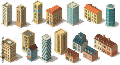 Isometric cityscape: collection of diverse urban building designs
