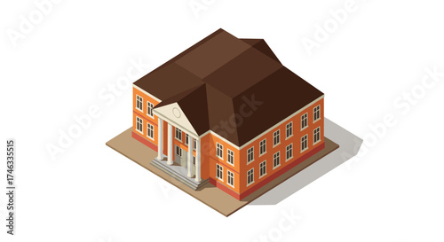 Classic isometric brick building with columns and symmetrical architecture