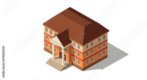 Classic georgian architecture school building in isometric style with red brick walls and white columns