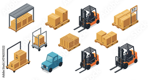 Isometric warehouse equipment collection with forklifts, pallets, and delivery truck