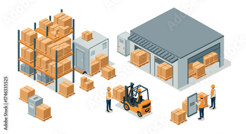 Isometric warehouse operations with forklift and storage solutions