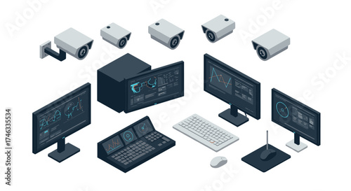 Isometric security monitoring system with cameras and control panels