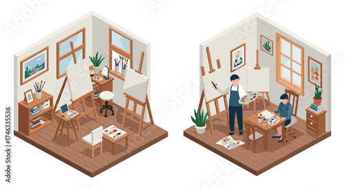 Creative art studio scenes: isometric painting rooms with artists and easels