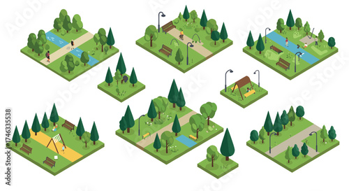 Isometric park landscapes with trees, paths, and recreational areas