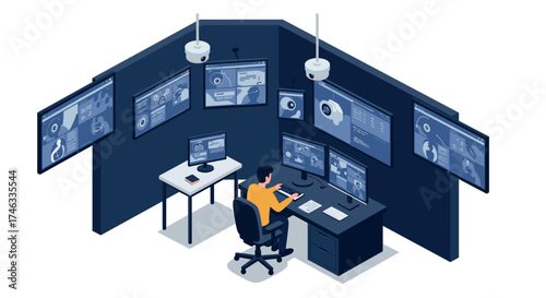 Modern security operations center with monitors and surveillance equipment in isometric style