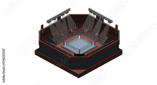 Isometric view of a modern boxing ring with spotlights in arena setting
