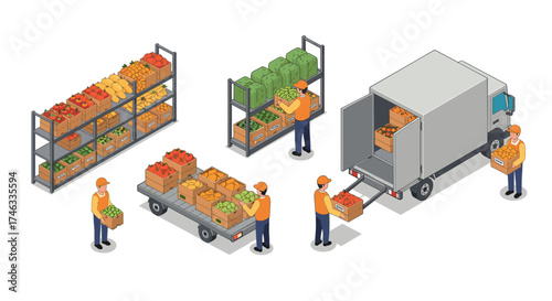 Efficient isometric warehouse logistics with workers loading fresh produce