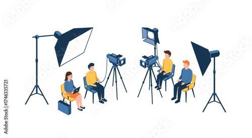 Modern film studio setup with professionals and equipment