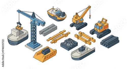 Isometric construction equipment and cargo ships
