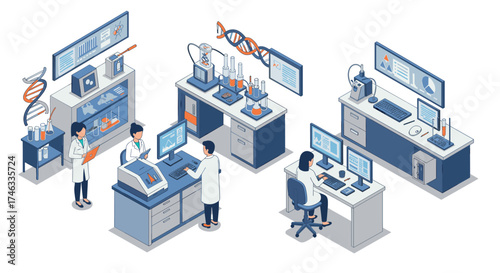 Isometric science lab with researchers and genetic research equipment
