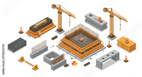 Isometric construction site equipment with cranes and concrete elements