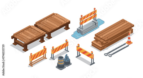 Isometric construction site elements: barriers, beams, and cones for urban development