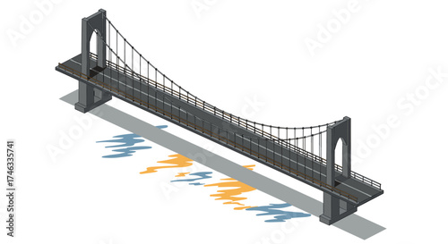Isometric suspension bridge with artistic shadow on white background