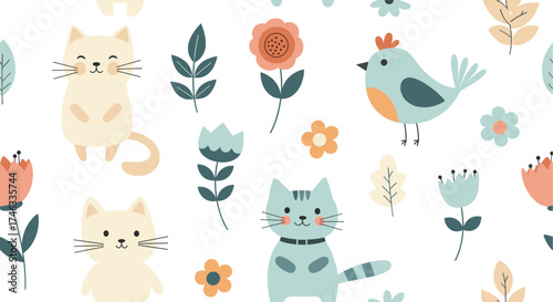 Cute cats and birds in a floral garden illustration.