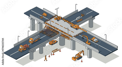Isometric road construction scene with detailed machinery and workers on overpass