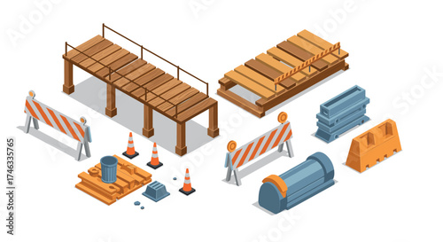 Isometric construction site elements with barricades and bridges
