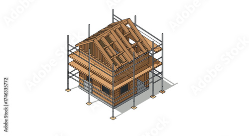 Isometric wooden house construction with scaffolding and roof framework
