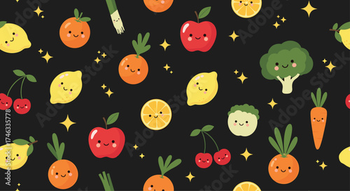 Cute fruits and vegetables sparkling on a dark background.