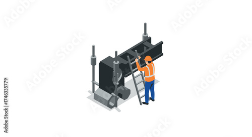 Construction worker inspecting machine part in industrial setting isometric design