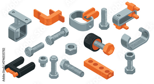 Industrial hardware set with bolts, nuts, and clamps in isometric style