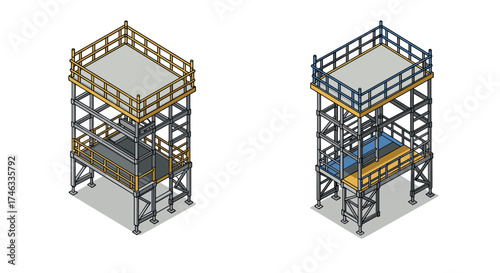 Isometric construction structures with steel frameworks and platforms