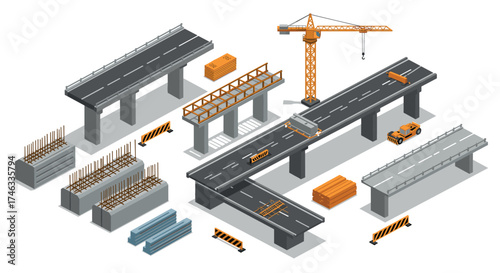 Isometric road construction scene with highway bridge, crane, and equipment