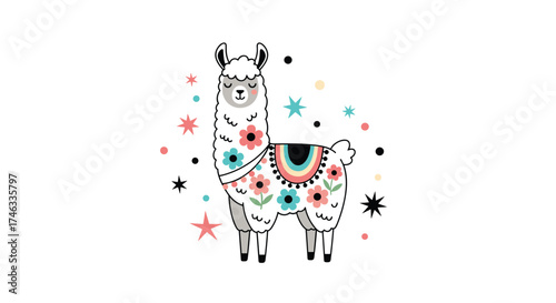 Cute llama decorated with colorful flowers and stars.
