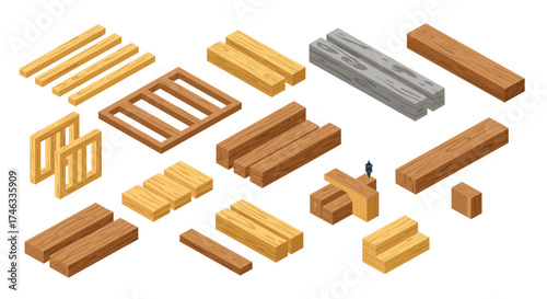 Isometric wooden plank set: construction and carpentry elements