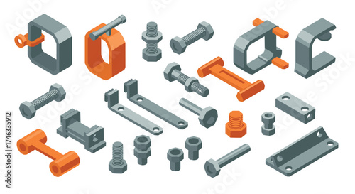 Industrial hardware set with bolts, nuts, and fasteners in isometric design