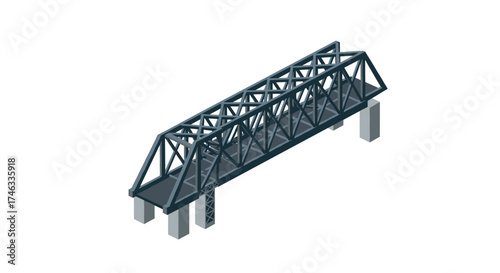 Industrial isometric bridge with steel trusses on concrete pillars