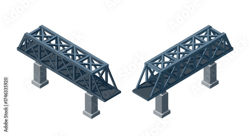 Isometric broken bridge structure on white background