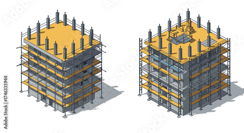 Isometric construction site with detailed scaffolding and structural framework