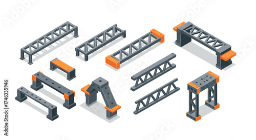 Isometric industrial construction beams and structures set