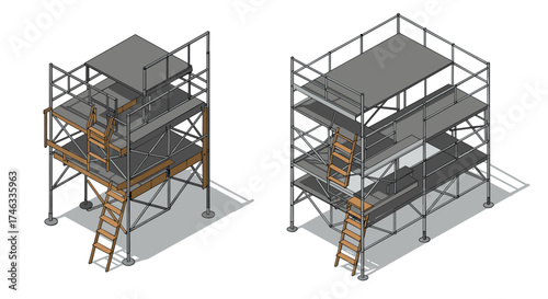 Isometric construction scaffolding with safety platforms and ladders