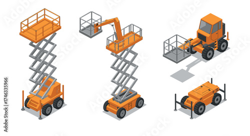 Isometric construction machinery: scissor lifts and platforms in orange