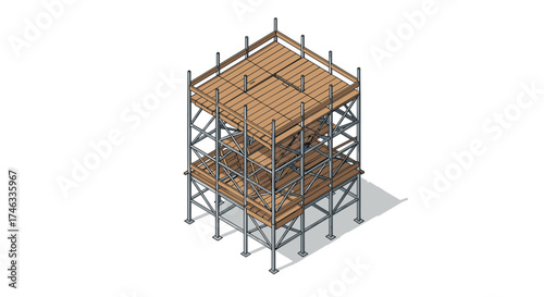 Isometric construction scaffolding structure on white background