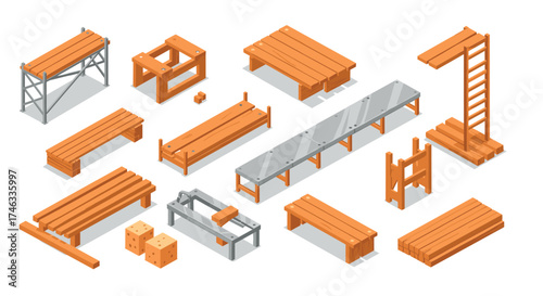 Isometric wooden furniture set with industrial metal elements for workshops and gardens