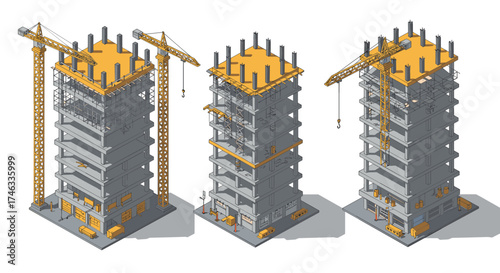Isometric high-rise construction showing three phases of development