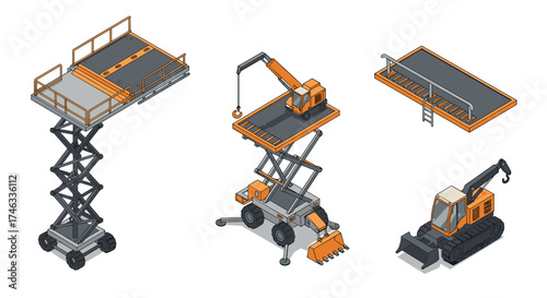Isometric construction equipment set featuring scissor lift and crane