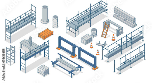Isometric construction equipment and material set with scaffolding and traffic cones