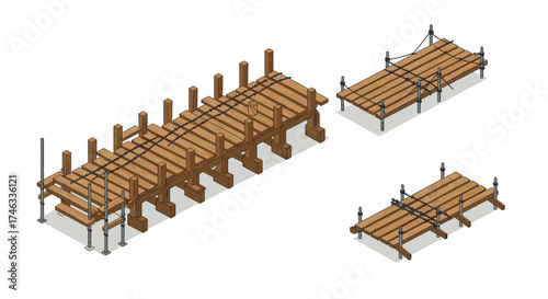 Detailed isometric wooden scaffold construction platforms with safety features