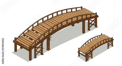 Wooden arch bridge isometric style with curved design and railings