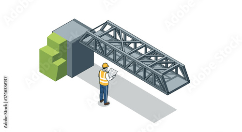 Construction worker inspecting bridge structure in isometric design
