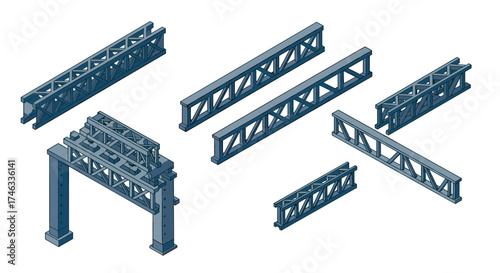 Isometric industrial steel beams and construction trusses set
