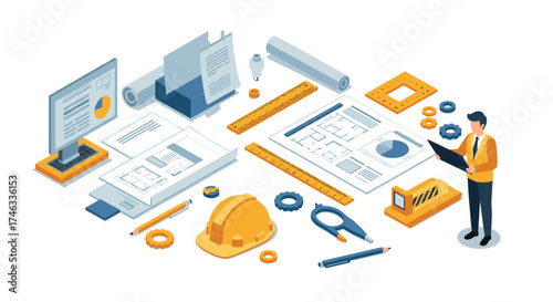 Isometric construction tools and blueprints with architect in office setting