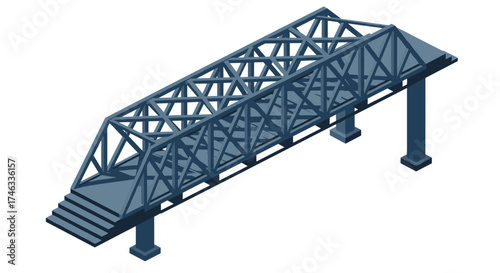 Industrial isometric steel truss bridge structure on raised pillars