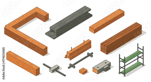 Isometric wooden and metal construction materials set for building and architecture