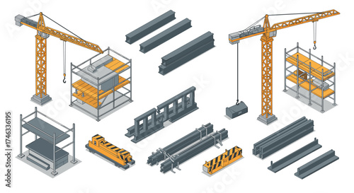 Isometric construction elements with cranes and steel beams