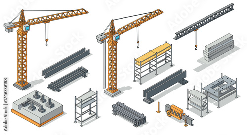 Construction equipment and building materials in isometric style for industrial projects