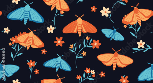 A charming pattern of moths and wildflowers on a dark background.